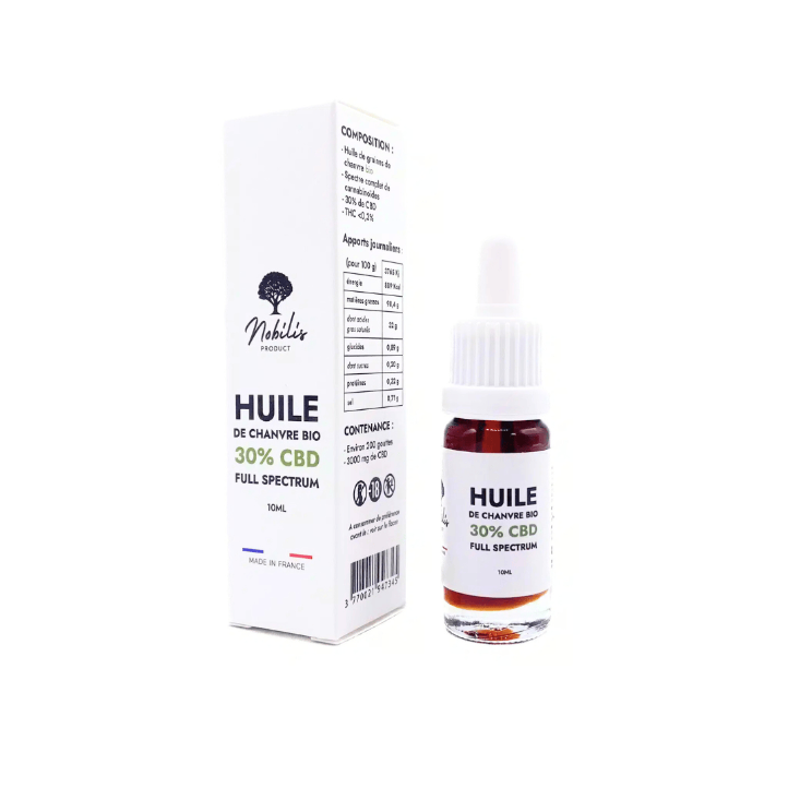 Composition de l'huile CBD 30% Full Spectrum Nobilis – 70% huile de graines de chanvre bio et 30% de CBD issu d’un crude contenant CBN, CBT, CBC – recommandée pour le stress, les angoisses et l'insomnie.