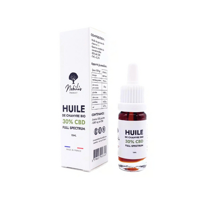 Composition de l'huile CBD 30% Full Spectrum Nobilis – 70% huile de graines de chanvre bio et 30% de CBD issu d’un crude contenant CBN, CBT, CBC – recommandée pour le stress, les angoisses et l'insomnie.