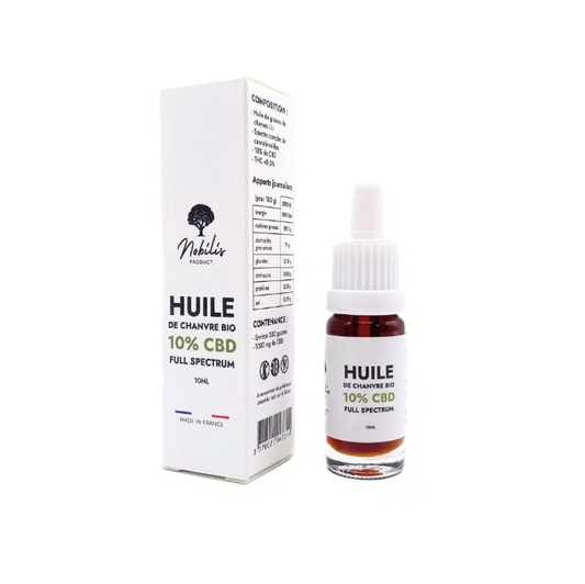 Composition de l’huile CBD 10% Full Spectrum Nobilis – 90% huile de graines de chanvre bio et 10% de CBD issu d’un crude avec des cannabinoïdes mineurs (CBN, CBT, CBC) – recommandée pour les angoisses légères, le stress du quotidien et les insomnies passagères.